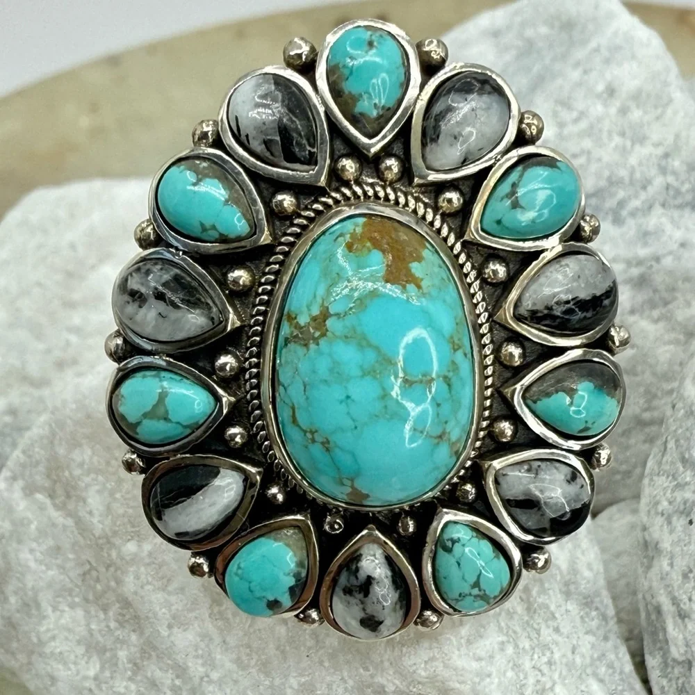 NWT Sierra Nevada Turquoise & White Buffalo Halo Ring 12.90ctw Sterling Silver 8